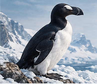 A Great Auk (Pinguinus impennis) standing on snow and ice, with mountains in the background